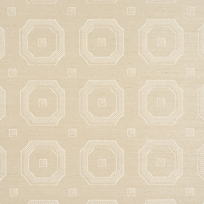 Beige wallcovering with white geometric octagon rings and small central squares in a repeating stitched pattern.