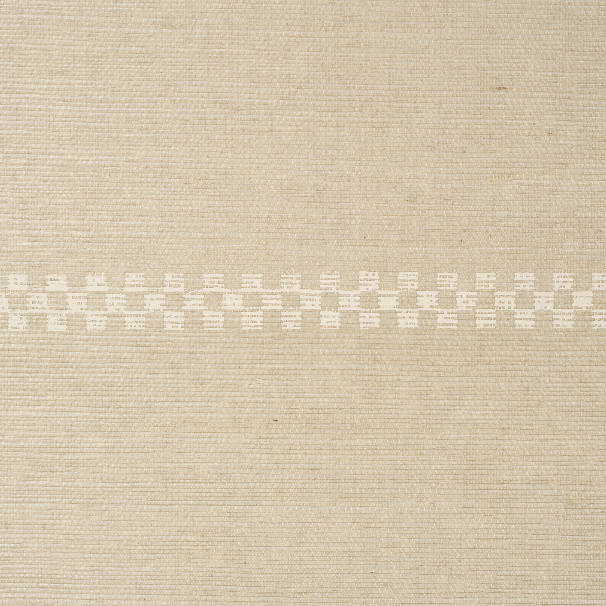 Beige textured woven wallcovering with a white checker stripe and linen-like weave.