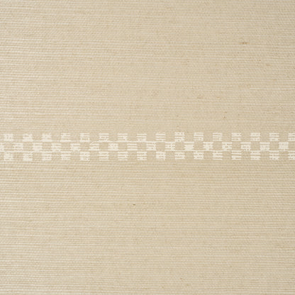 Beige textured woven wallcovering with a white checker stripe and linen-like weave.