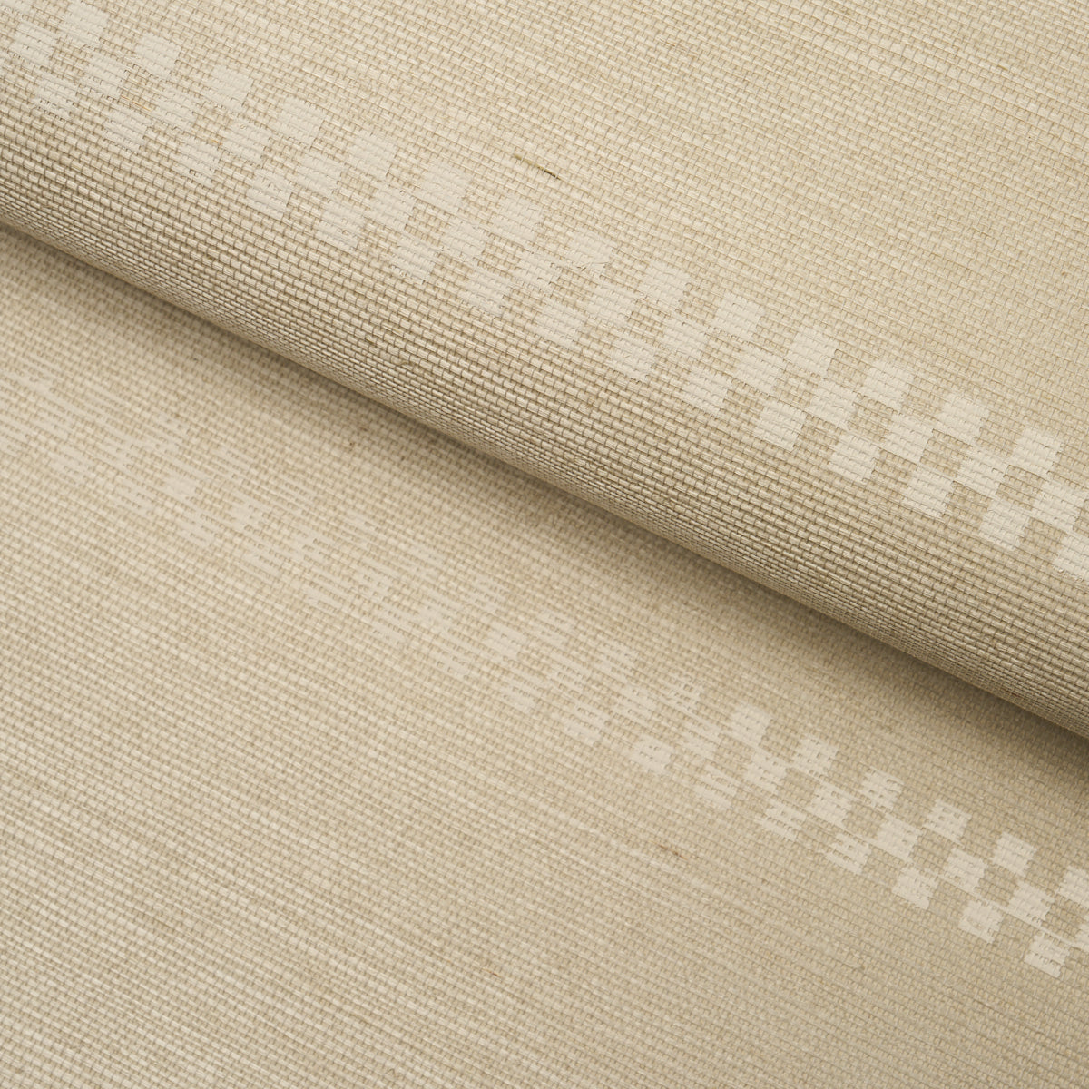 Beige textured & woven wallcovering with two white checker stripes across.