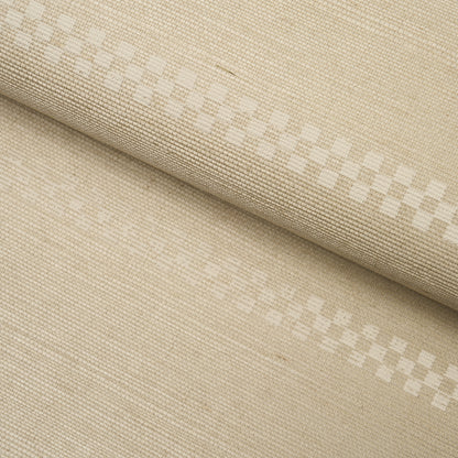Beige textured & woven wallcovering with two white checker stripes across.