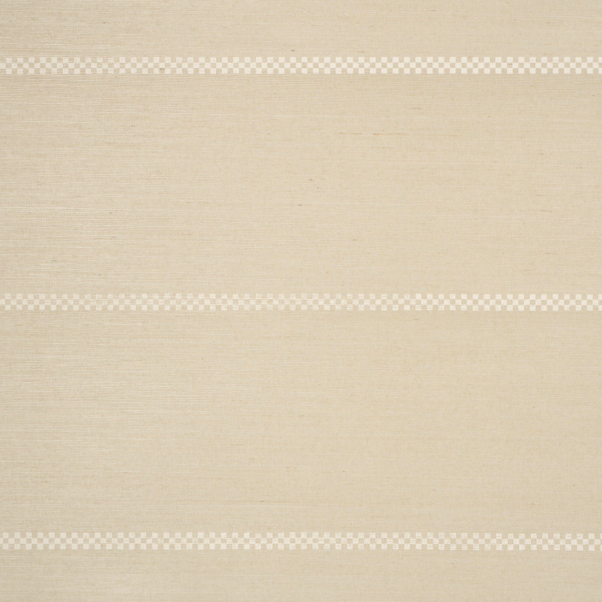 Cream textured woven wallcovering with subtle horizontal white checkered stripes; sisal birch pattern.