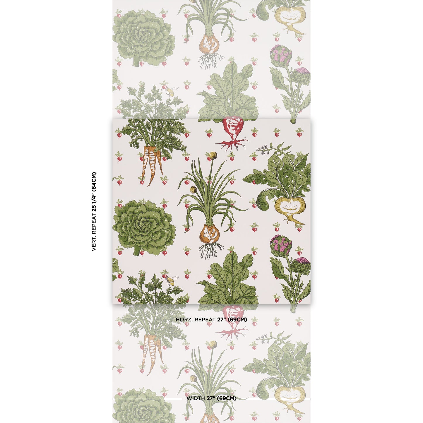 Vintage botanical wallpaper roll with green plants, succulents, carrots and herbs on cream background, repeating pattern.