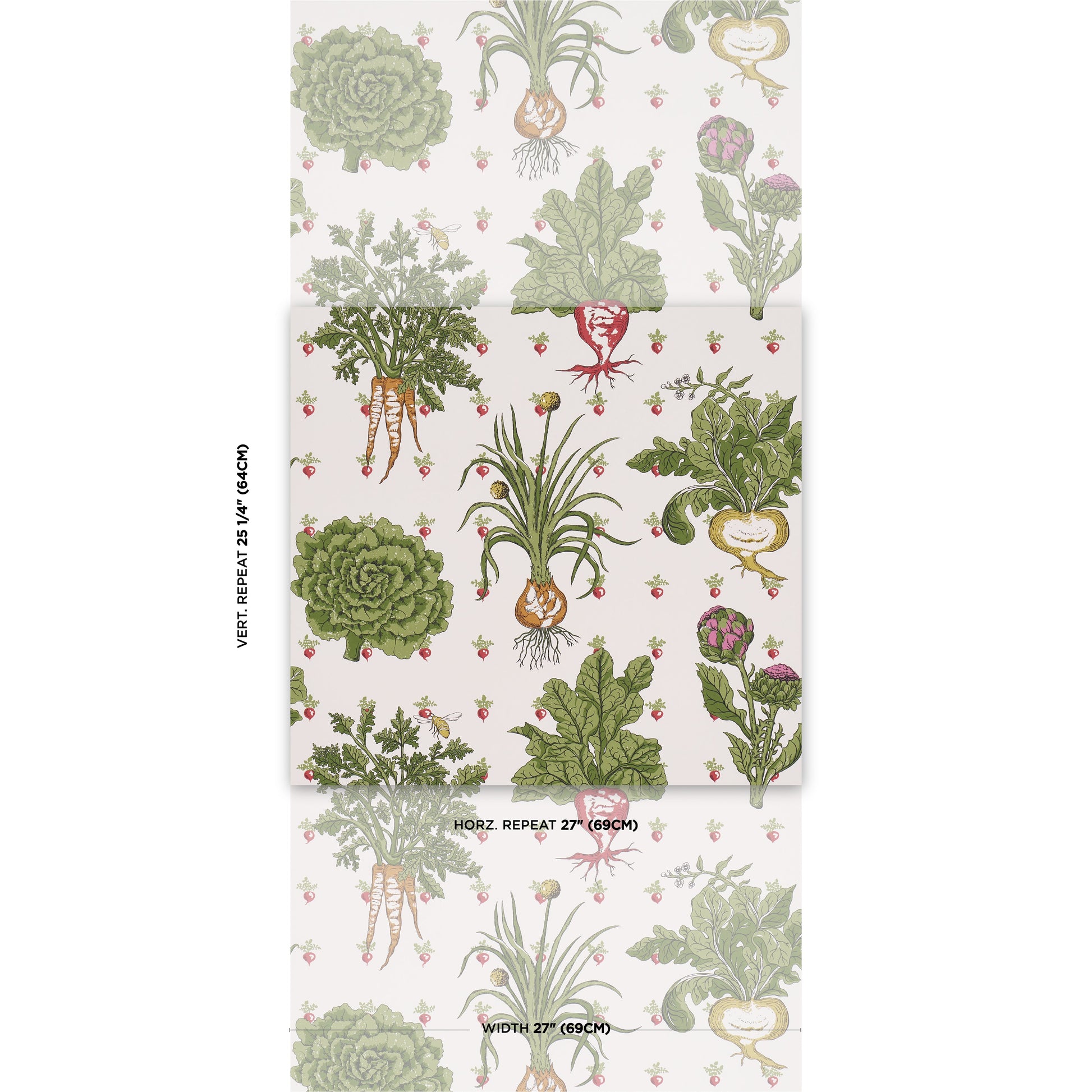 Vintage botanical wallpaper roll with green plants, succulents, carrots and herbs on cream background, repeating pattern.