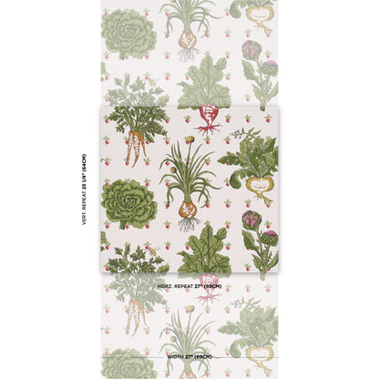 Vintage botanical wallpaper roll with green plants, succulents, carrots and herbs on cream background, repeating pattern.