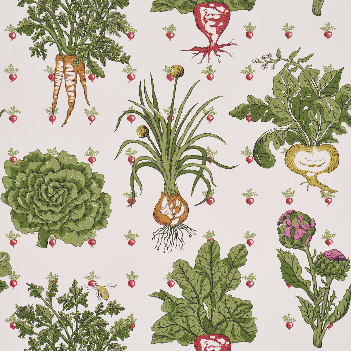 Vintage botanical print pattern with beets, onions, carrots, lettuce, kale, artichokes in greens and reds on background.