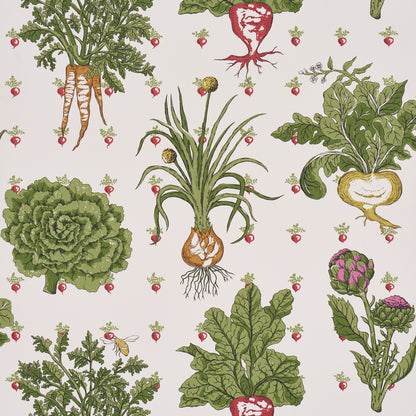 Vintage botanical print pattern with beets, onions, carrots, lettuce, kale, artichokes in greens and reds on background.