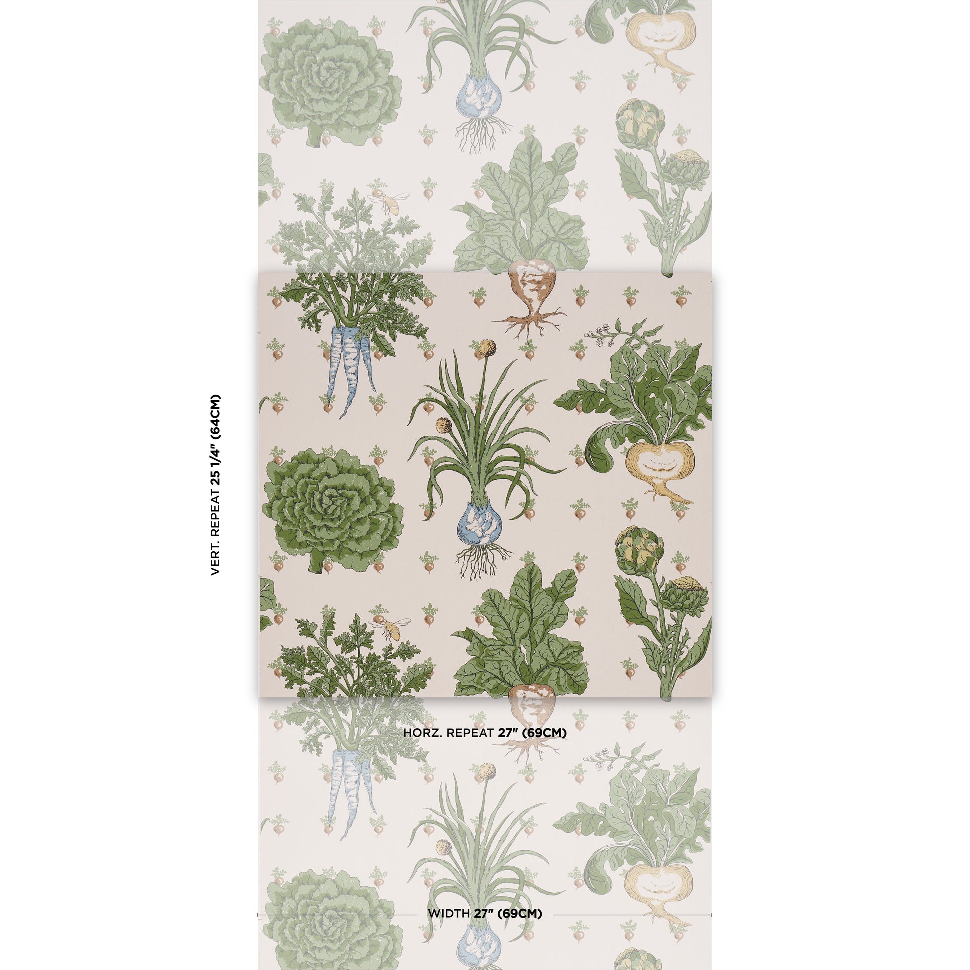 Beige botanical wallpaper with green succulents and leafy plants in a repeating motif; two vertical panels.