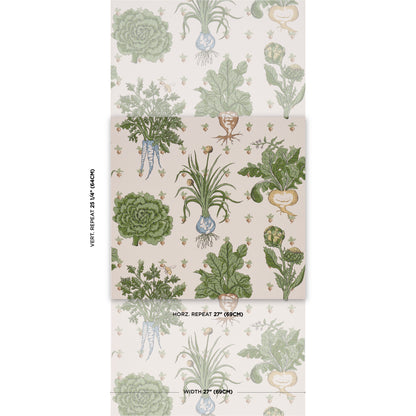 Beige botanical wallpaper with green succulents and leafy plants in a repeating motif; two vertical panels.