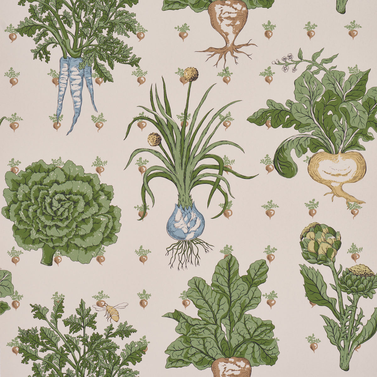 Watercolor vegetable motif wallpaper with kale, onions, artichokes and beets on a pale pink background.