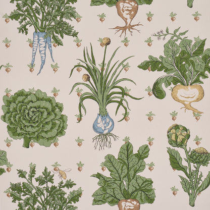 Watercolor vegetable motif wallpaper with kale, onions, artichokes and beets on a pale pink background.