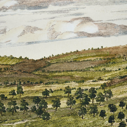 Terraced countryside landscape with rolling hills, clusters of trees, and cloudy sky in earthy greens & browns.