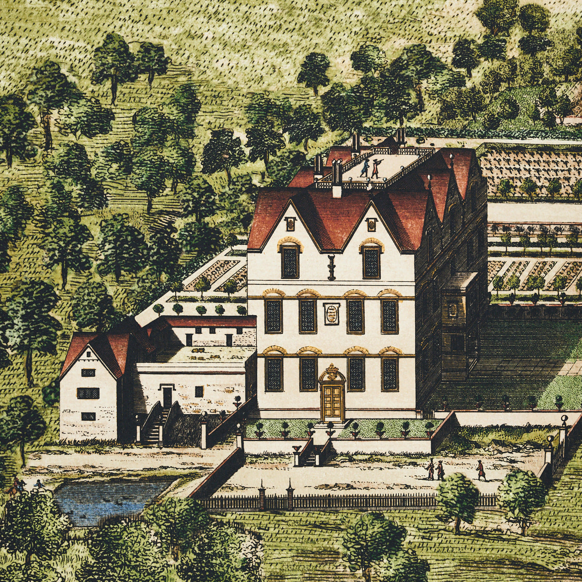Historical illustration of a white villa with red gabled roof, symmetrical windows, terraced gardens, and surrounding trees.
