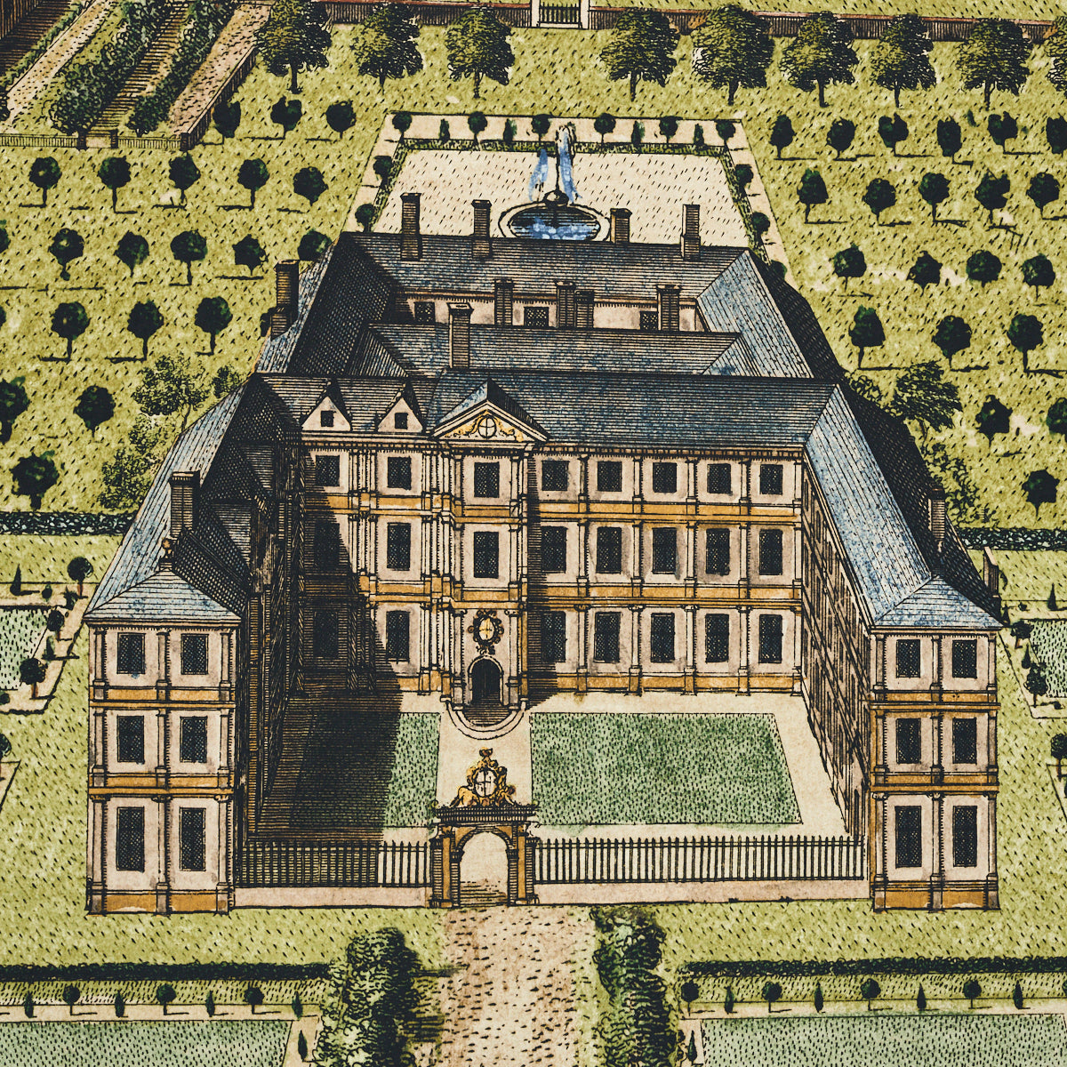 Bird's-eye view of a grand yellow-stone manor with dark roof, central courtyard, gate, fountain, and formal gardens.