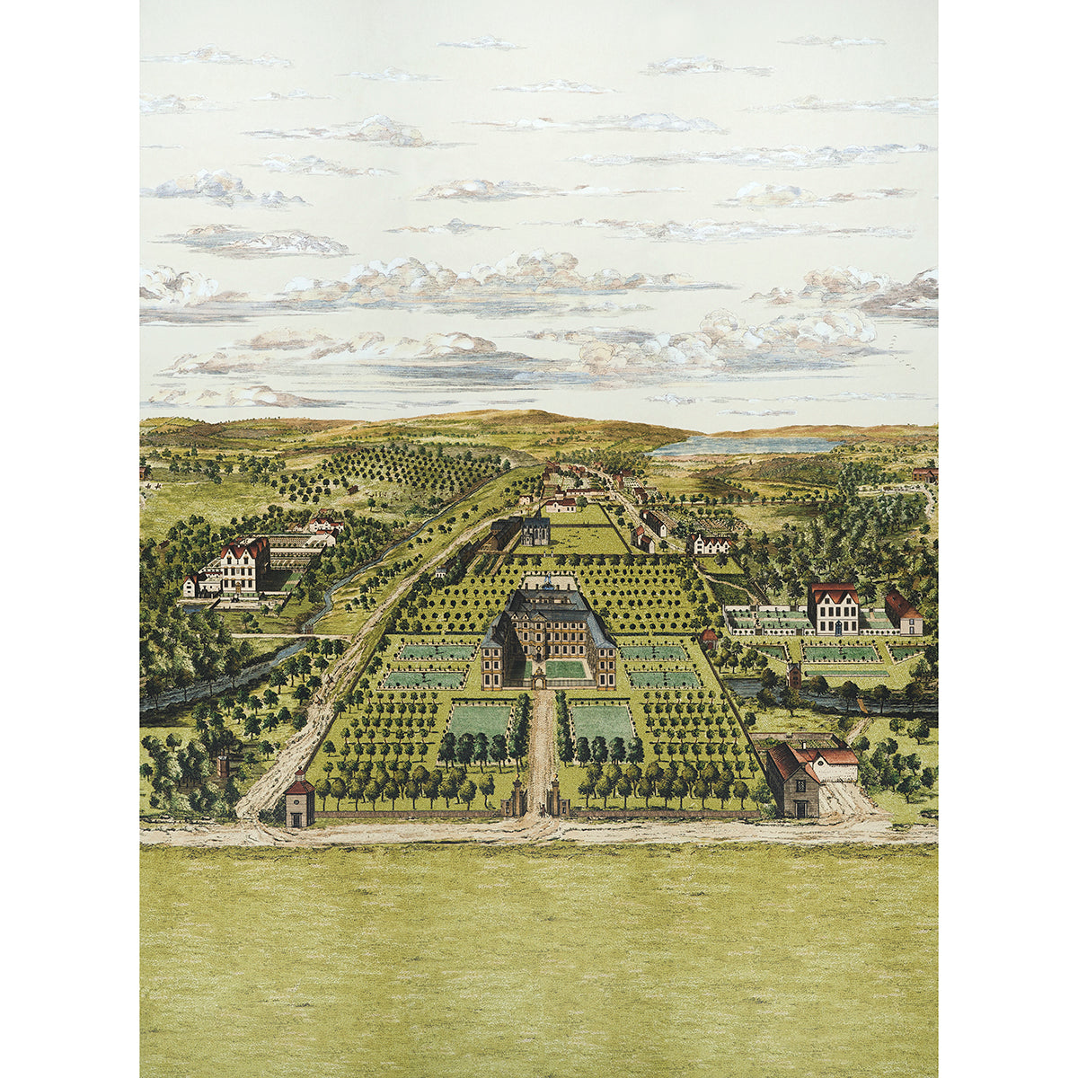 Green-toned wallpaper depicting a historic estate with formal parterres, a central tree-lined avenue, and a grand mansion amid rolling countryside.