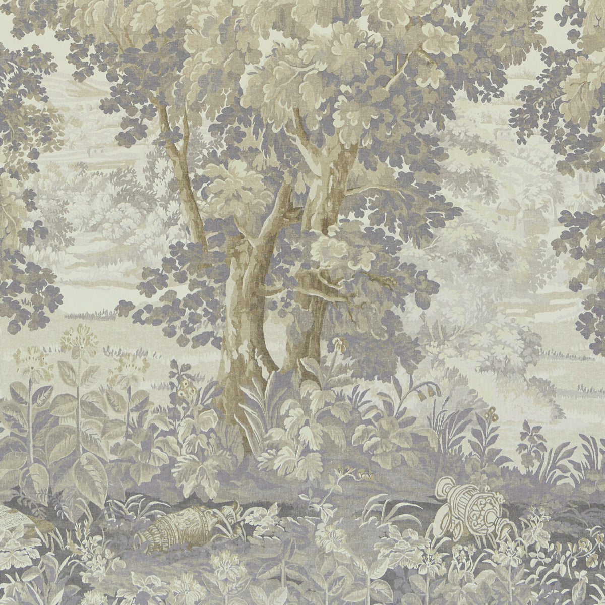Three-panel wallpaper set featuring a forest motif with trees and foliage in oyster forest tones.