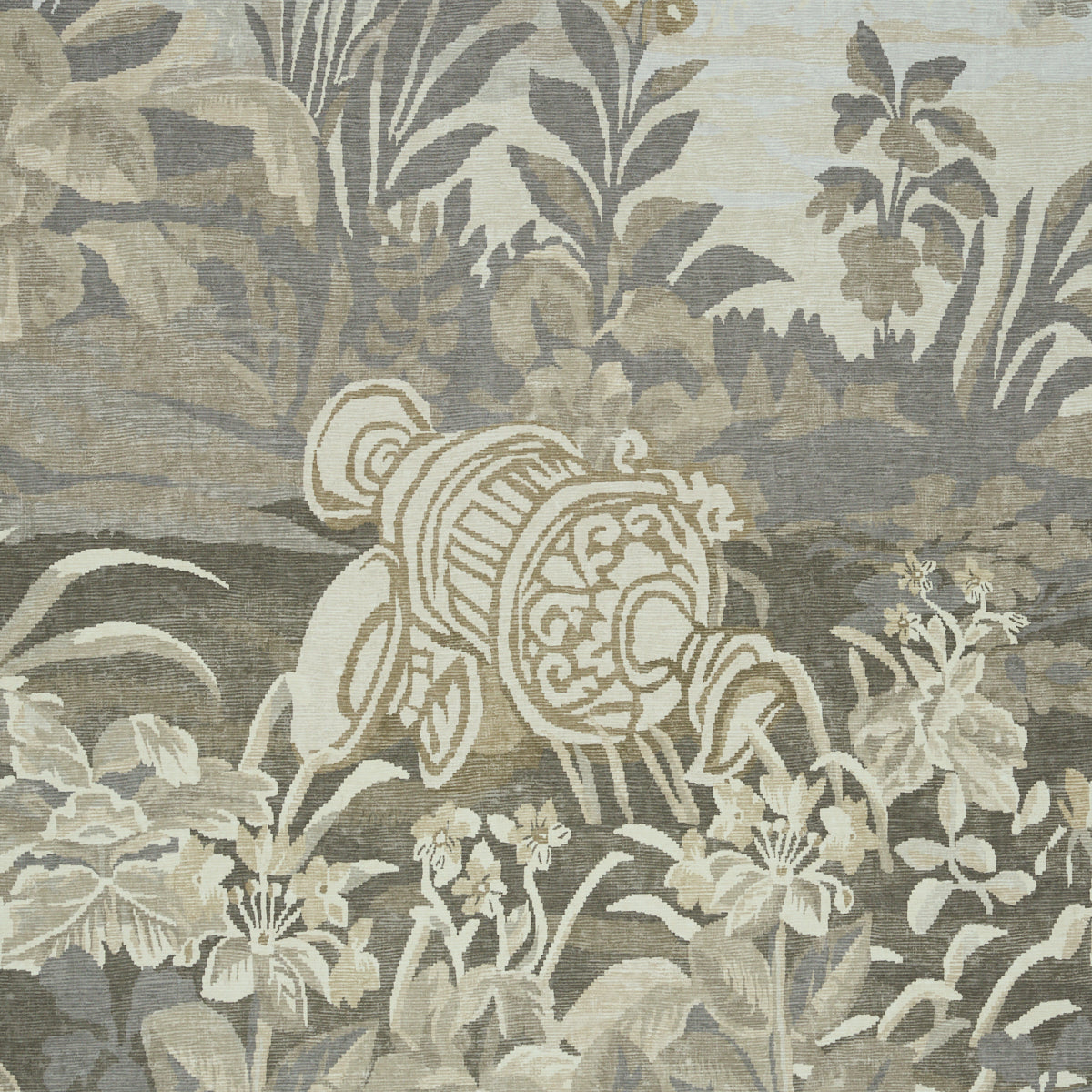 Neutral-toned 3-panel tapestry featuring a beige, taupe & gray forest botanical scene.