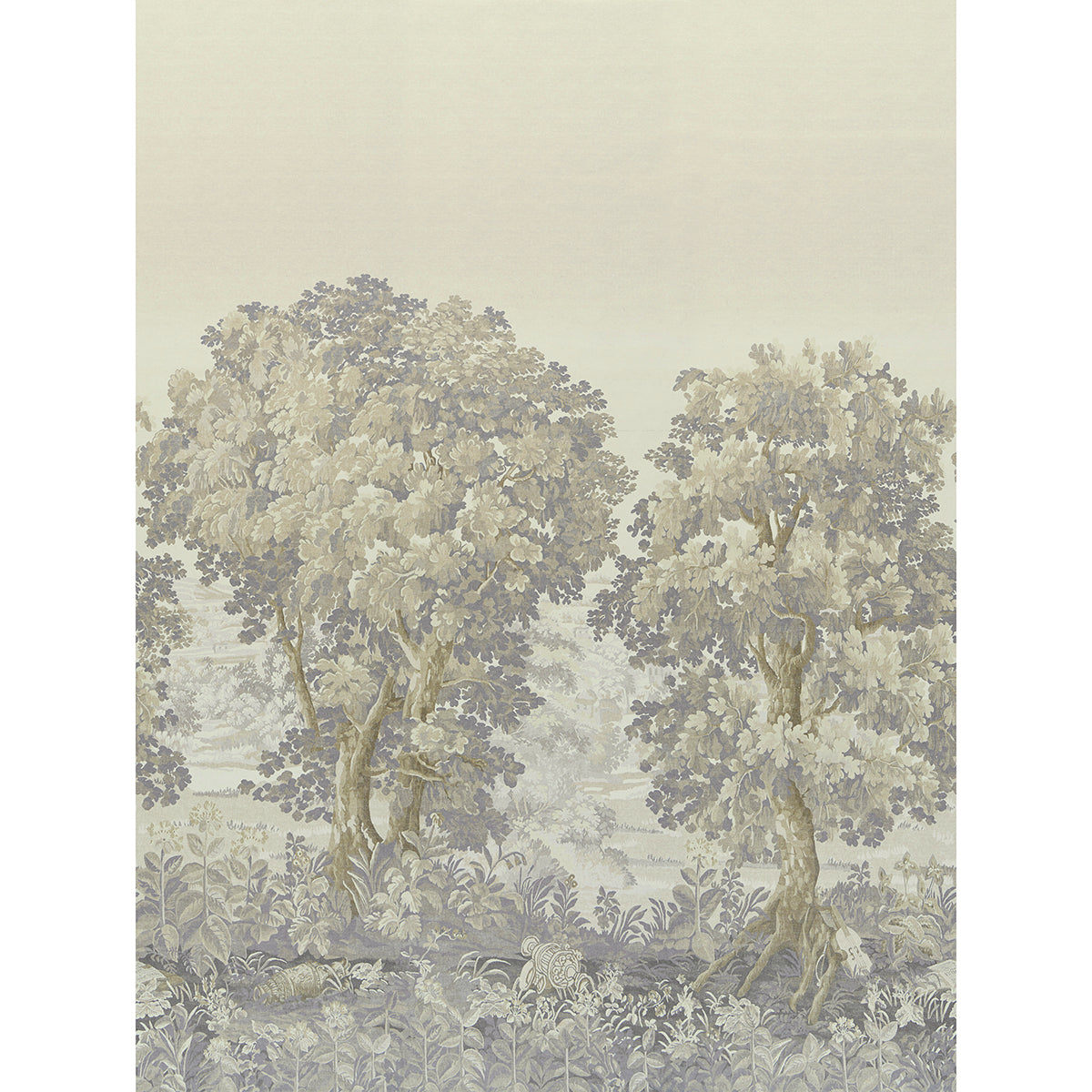 Pastel botanical print with two trees in a muted beige landscape; vintage wallpaper textile design.