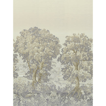Pastel botanical print with two trees in a muted beige landscape; vintage wallpaper textile design.