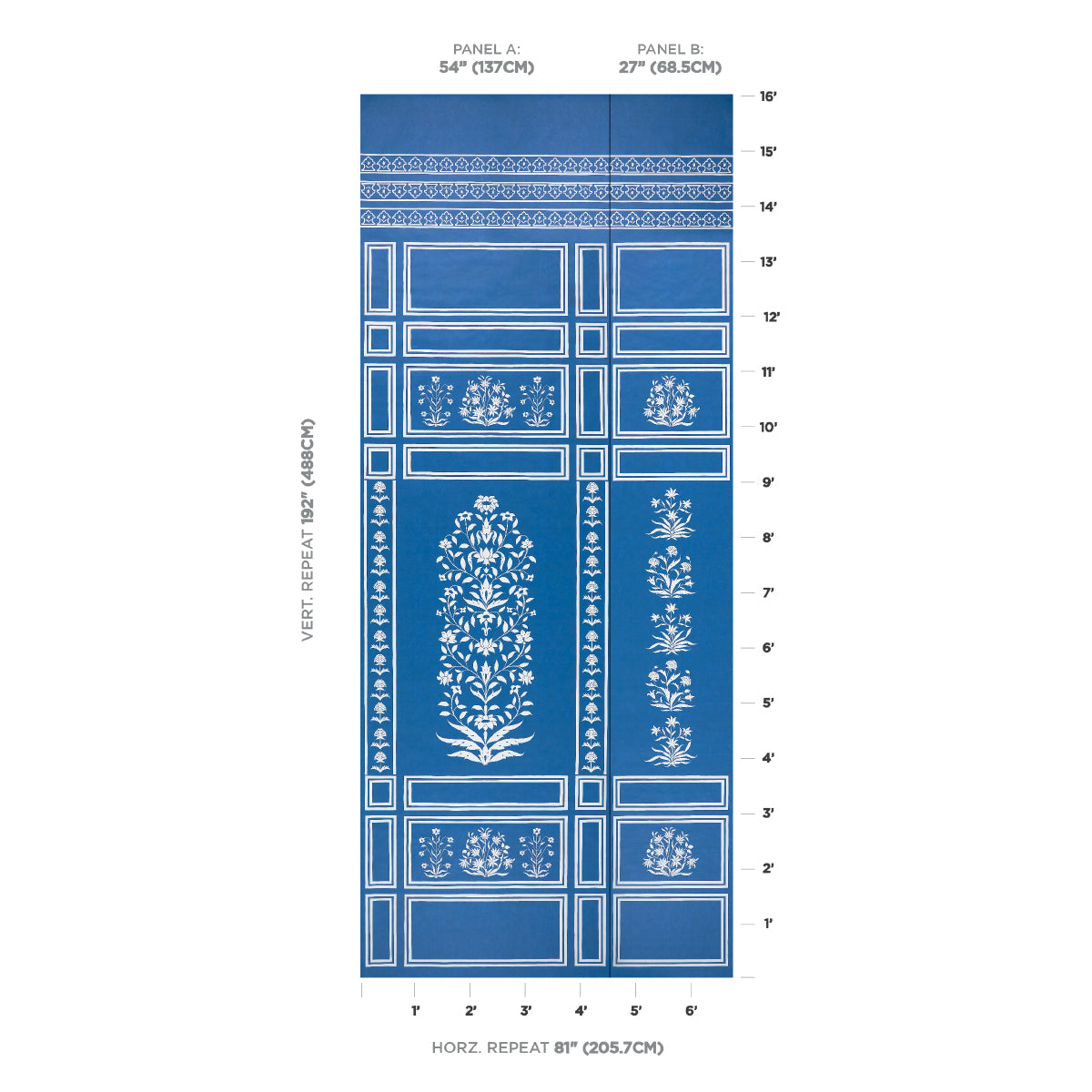 Blue wallpaper with white floral damask motifs in framed panels and ornamental borders; decorative wall covering.