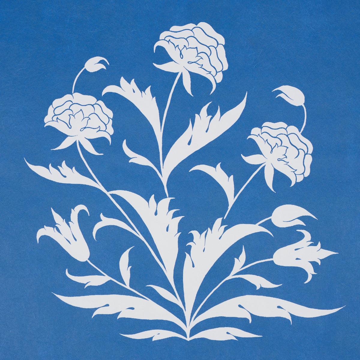 White botanical floral stencil silhouette on blue background; decorative wall art with graceful stems and blooms.