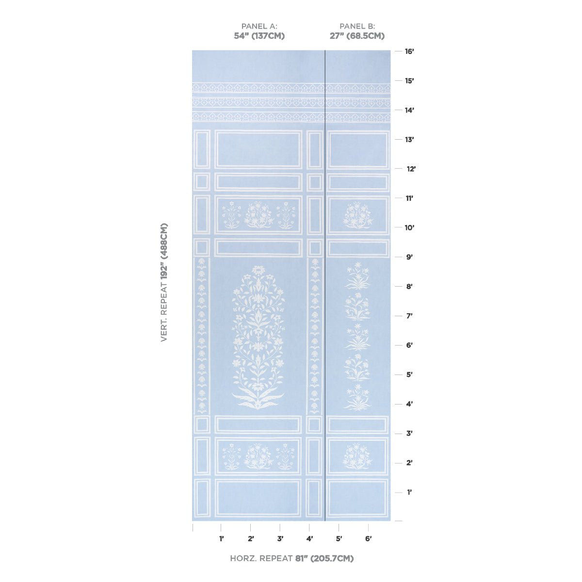 Light blue fabric with white floral and geometric panel motifs; two-panel sample A 54 and B 27 showing repeats.