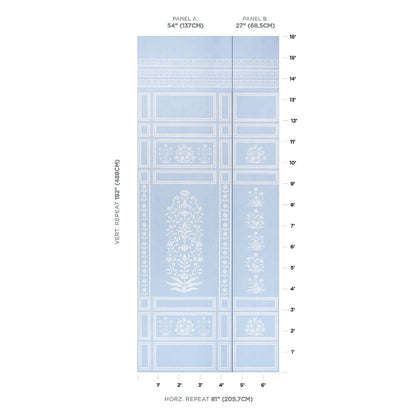 Light blue fabric with white floral and geometric panel motifs; two-panel sample A 54 and B 27 showing repeats.