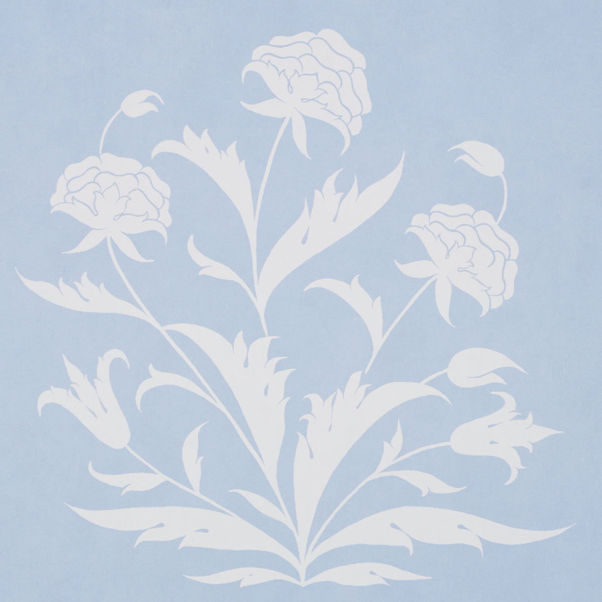 White botanical floral silhouette with peony-like blooms and curling leaves on pale blue background.