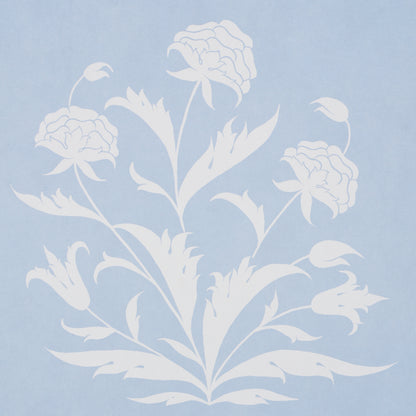 White botanical floral silhouette with peony-like blooms and curling leaves on pale blue background.
