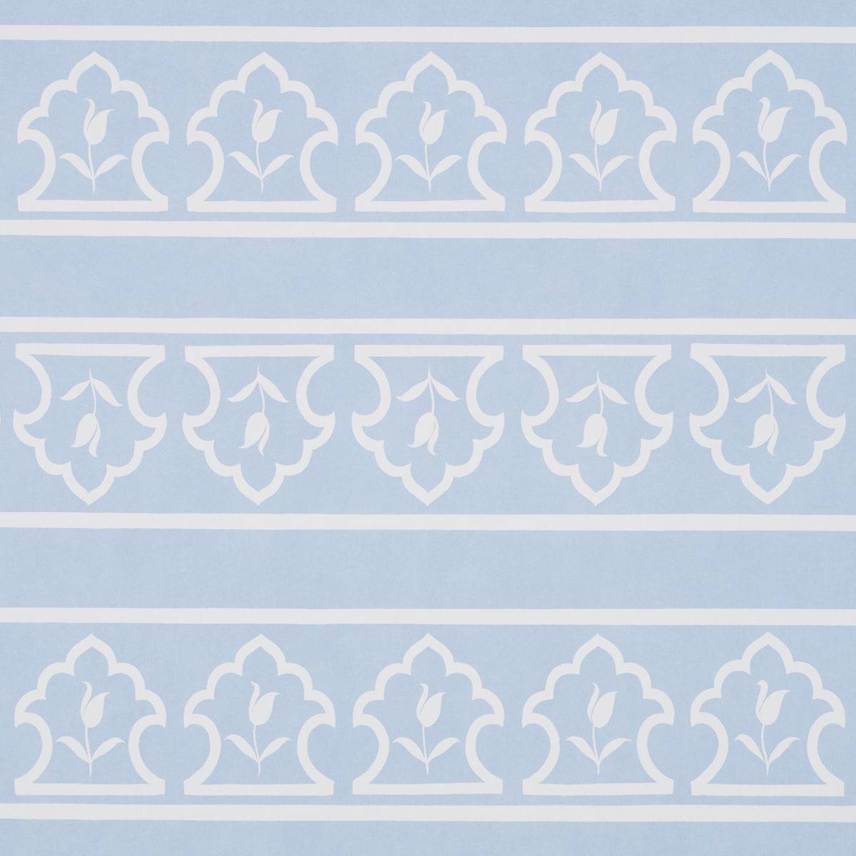 Light blue wallpaper with white arched damask motifs and leaf scrolls in horizontal bands.