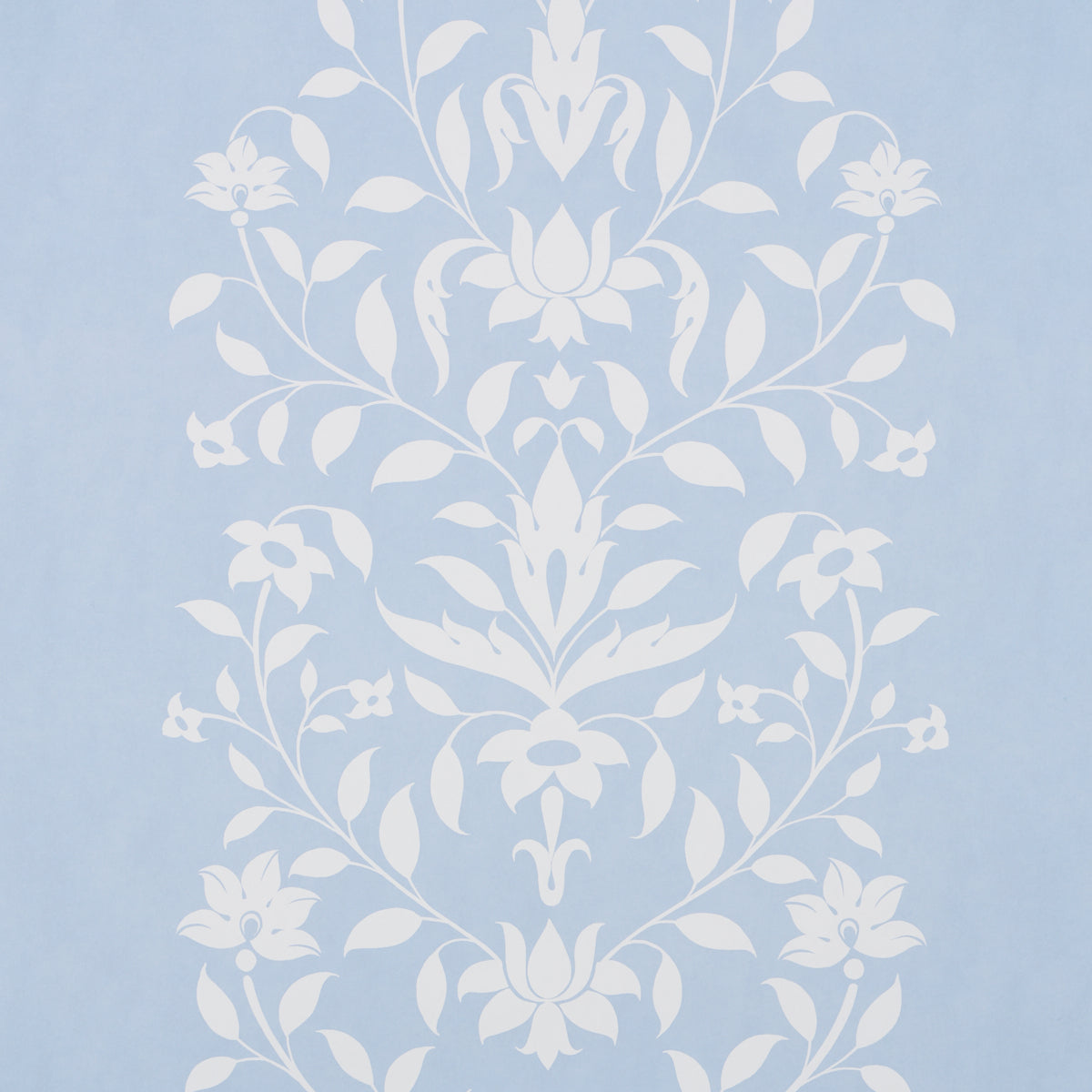Light blue wallpaper with white damask floral pattern, ornate symmetrical vines & blossoms.
