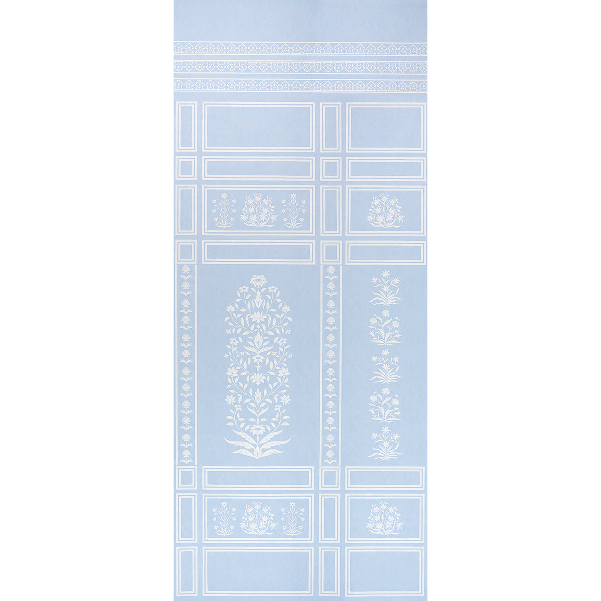 Light blue fabric with white geometric panels and floral damask motifs; decorative textile for curtains or table runner.