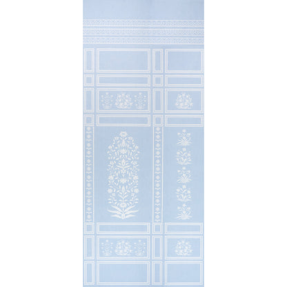 Light blue fabric with white geometric panels and floral damask motifs; decorative textile for curtains or table runner.