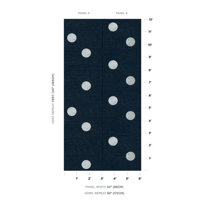 Two navy curtain panels with light gray polka dots; Panel A and Panel B, 34" wide with 68" horizontal repeat.