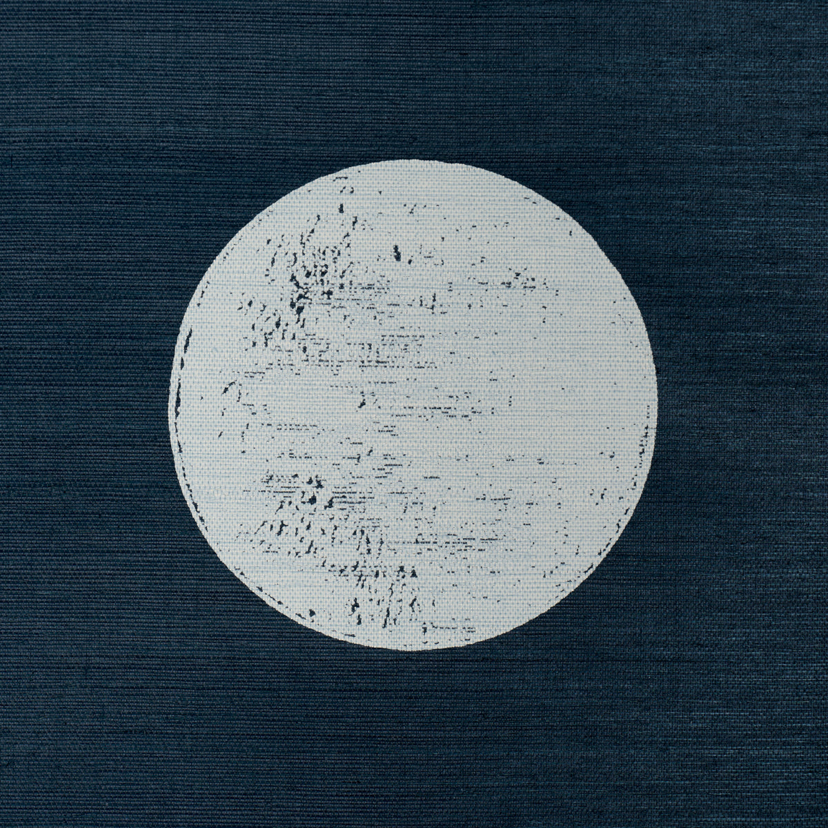 Navy blue fabric with a centered distressed light-gray circle motif.