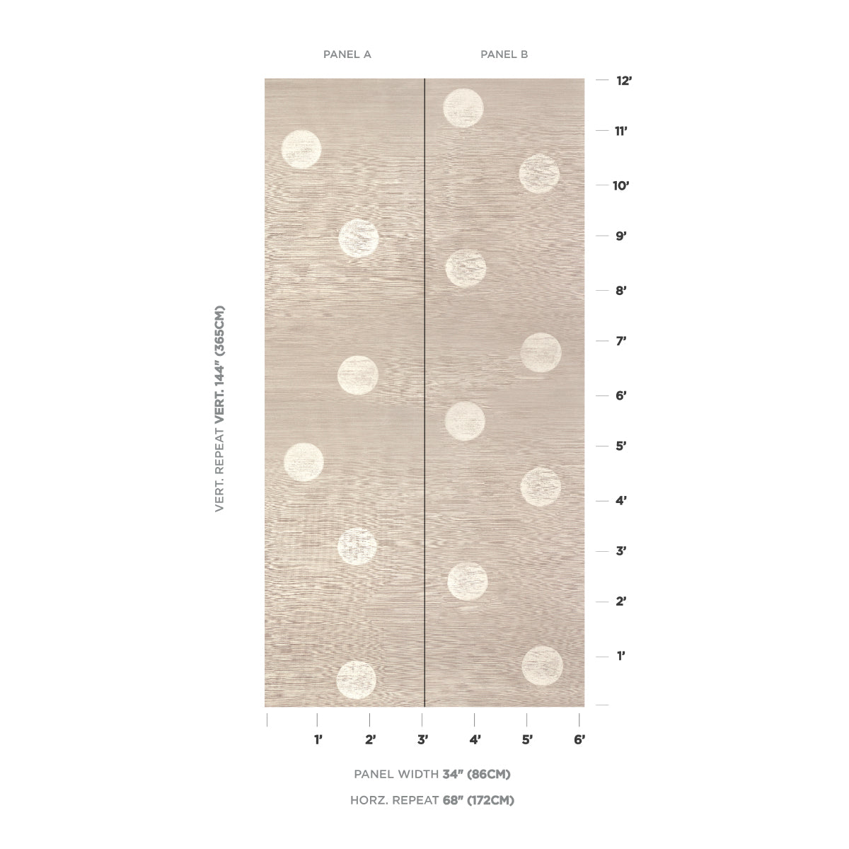 Beige woodgrain wallpaper panels A and B with white circular knots; tall two-panel rustic wall accent.