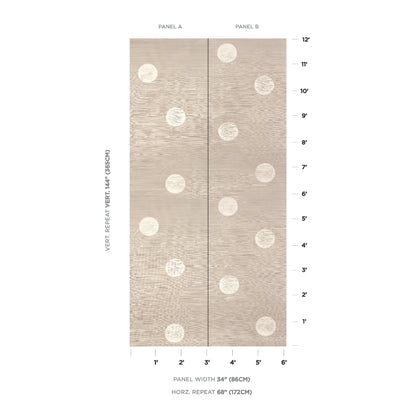 Beige woodgrain wallpaper panels A and B with white circular knots; tall two-panel rustic wall accent.