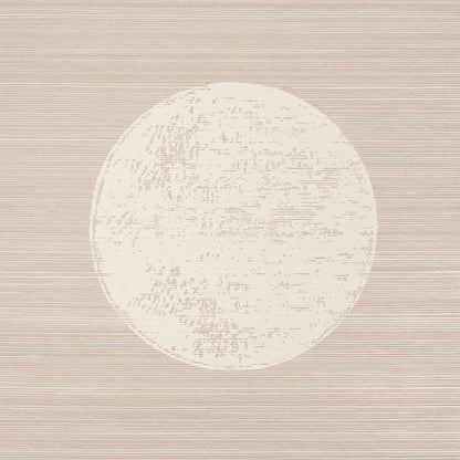 Neutral beige rug with a large cream distressed circle design in the center.