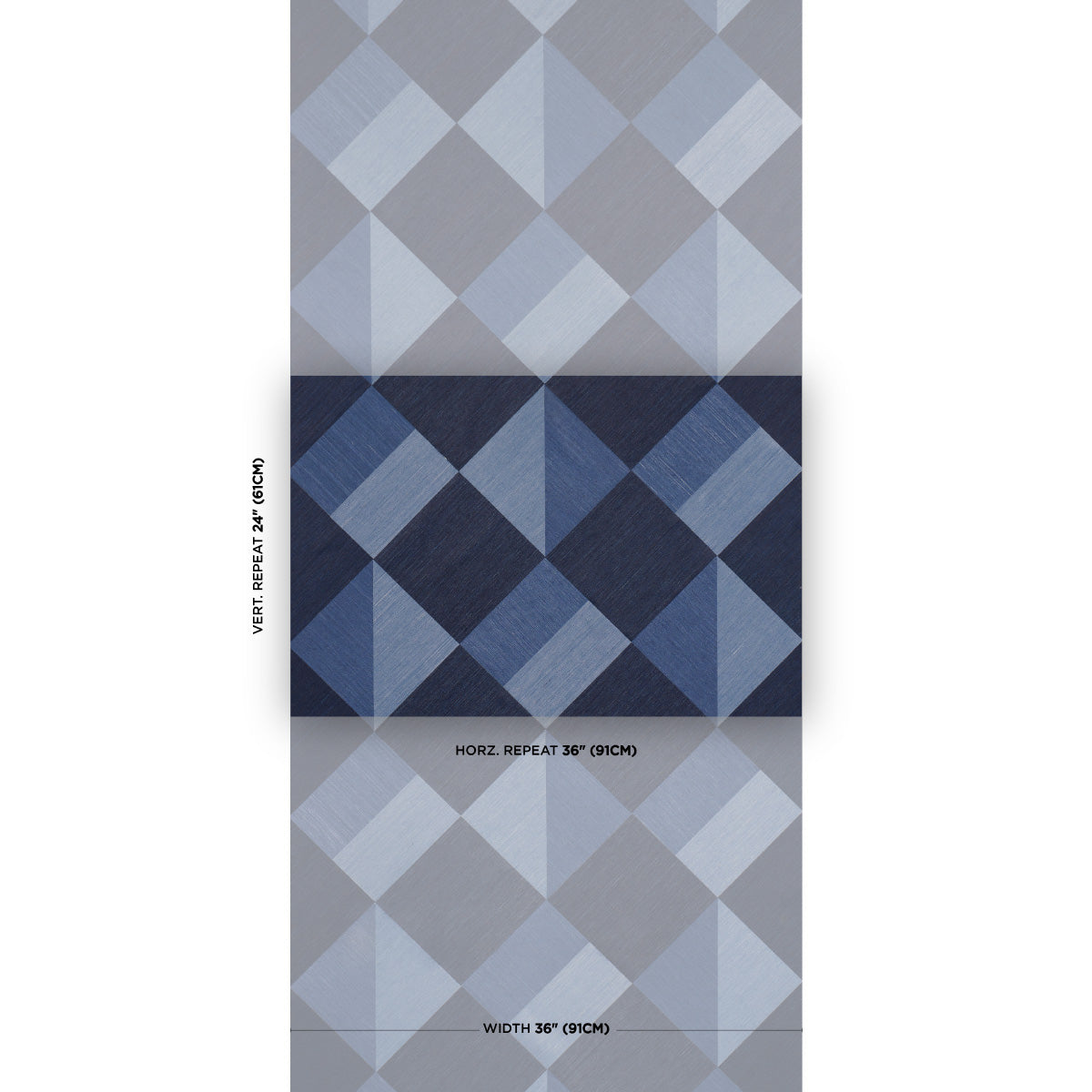 Diamond-pattern scarf in gray and blue tones with light and dark diamonds arranged in a geometric quilt.