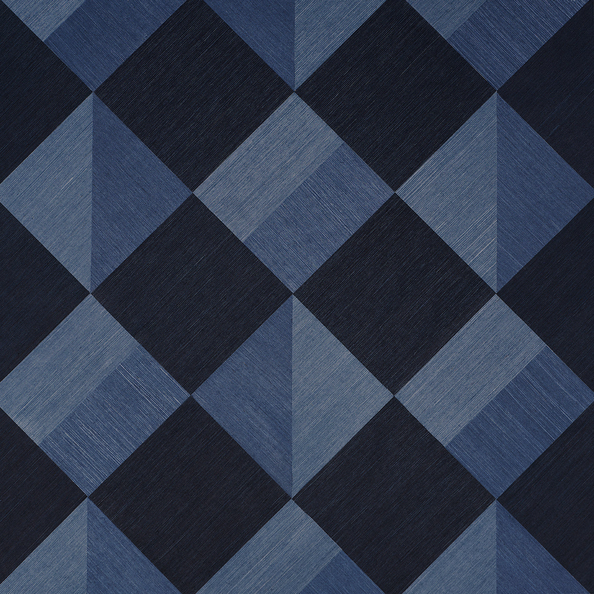Blue diamond-pattern wallpaper with navy to light blue tones and brushed texture.