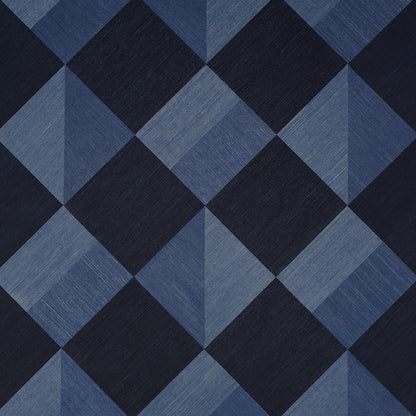 Blue diamond-pattern wallpaper with navy to light blue tones and brushed texture.