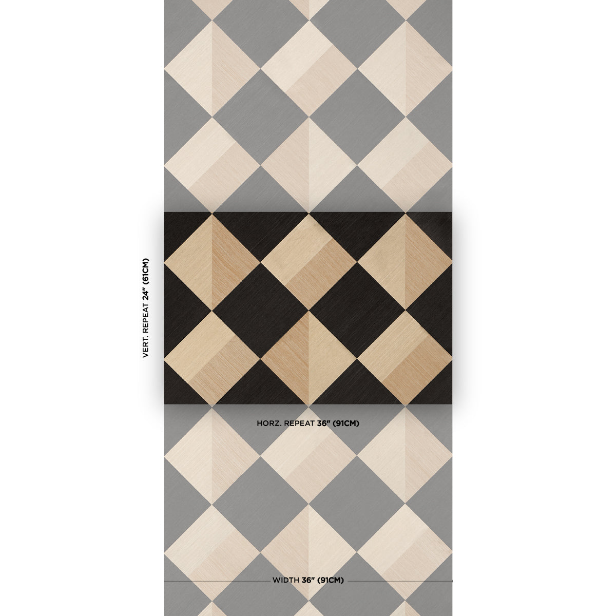 Parquet-style diamond pattern with grey and cream diamonds and a dark central panel of black and wood-toned diamonds.