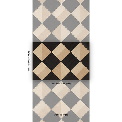 Parquet-style diamond pattern with grey and cream diamonds and a dark central panel of black and wood-toned diamonds.