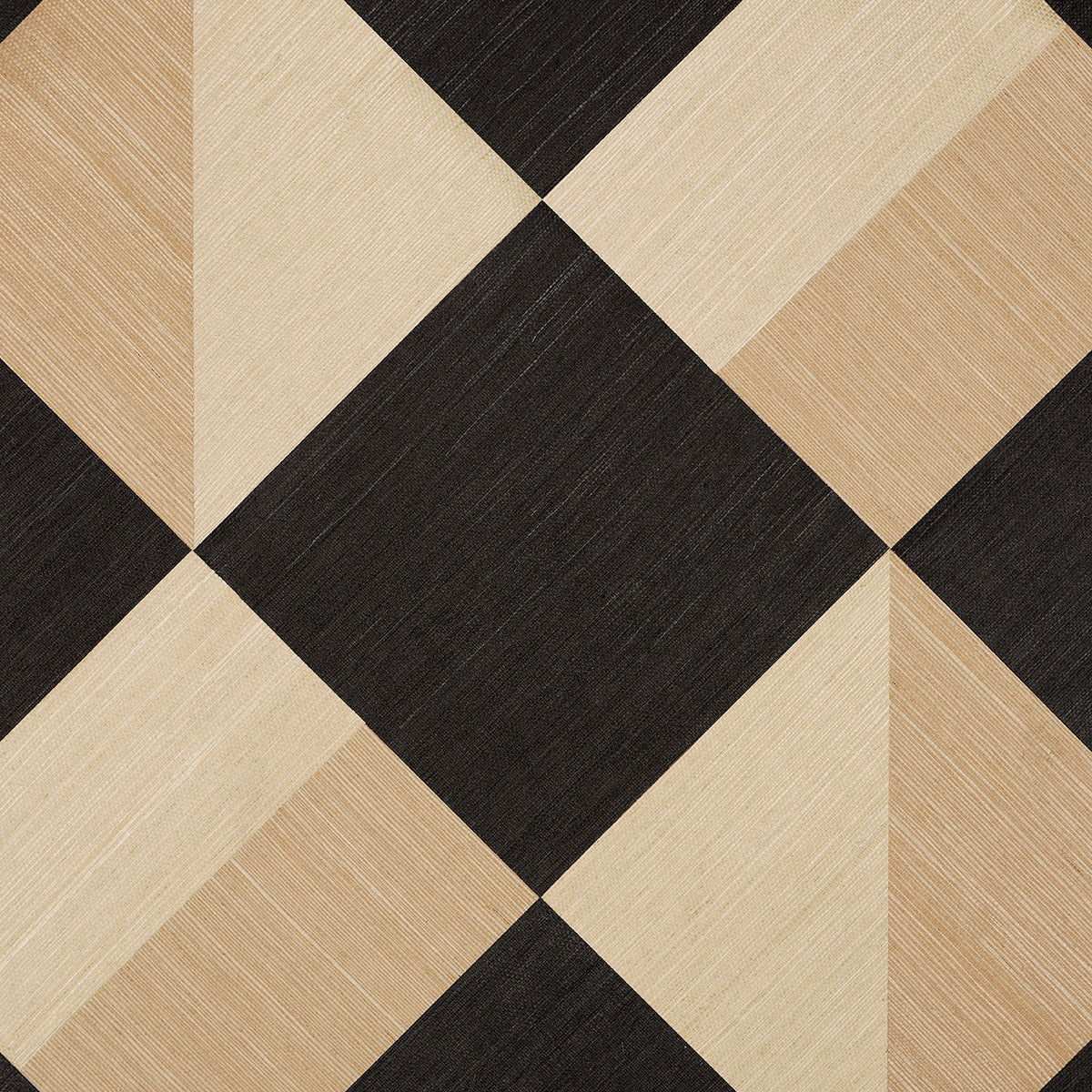 Geometric parquet pattern with black and light wood tones forming diamonds.