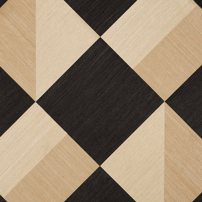 Geometric parquet pattern with black and light wood tones forming diamonds.