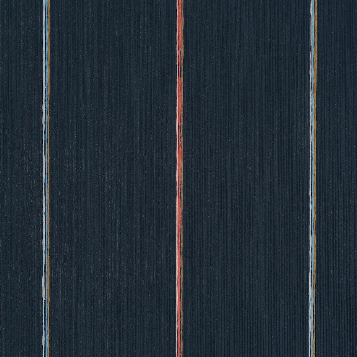 Dark navy woven fabric with slim vertical stripes in olive, red, and light blue; casual nautical style.