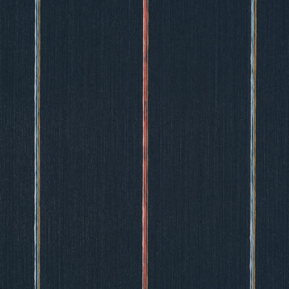 Dark navy woven fabric with slim vertical stripes in olive, red, and light blue; casual nautical style.