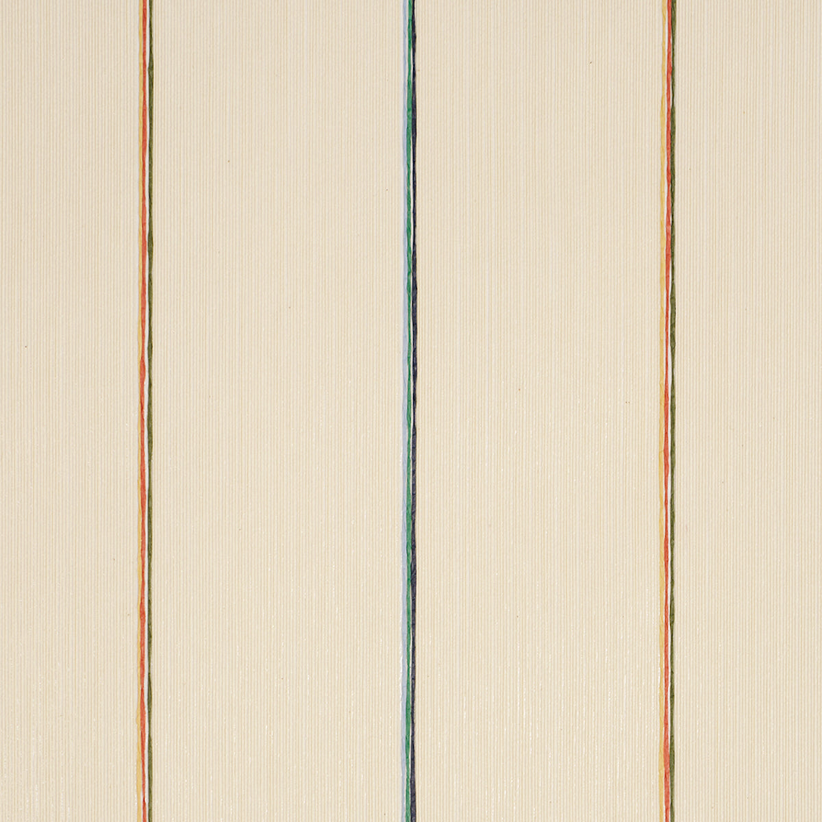 Beige wallpaper with three slim vertical stripes in orange-brown, blue-green, and orange-brown, subtle textured surface.