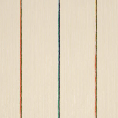 Beige wallpaper with three slim vertical stripes in orange-brown, blue-green, and orange-brown, subtle textured surface.