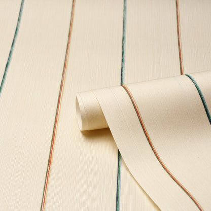 Cream textured wallpaper with narrow multicolored stripes (blue, green, brown), rolled at the edge.